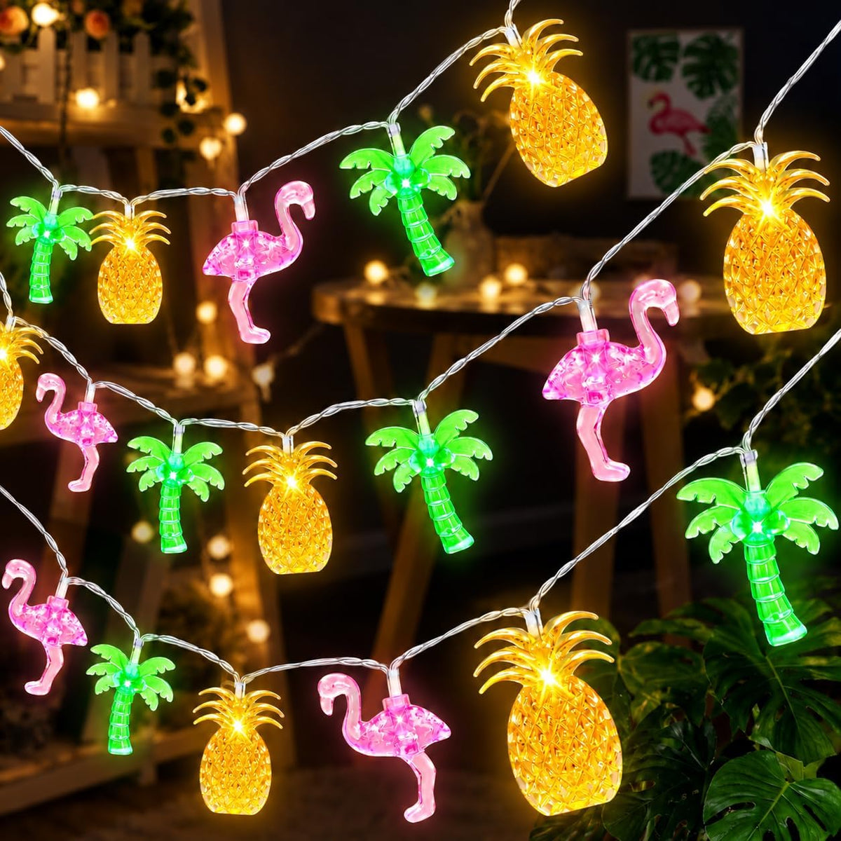 Couah 30 LED 16Ft Summer Beach Hawaiian String Lights - 8 Modes & Timer - Flamingo Pineapple Palm Tree Fairy Lights - Battery Operated for Tropical Party Pool Decorations