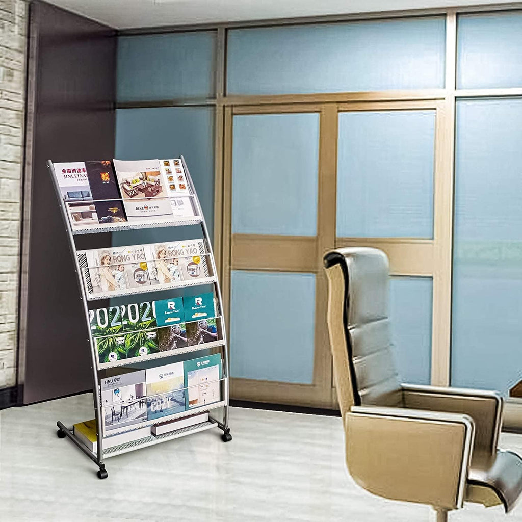 LIWSHWZ Magazine Rack Floor Standing,Brochure Display Stand, 4 Pockets Metal Literature Stand,Newspaper Rack with Wheels for Trade Show Exhibitions Office Retail Store
