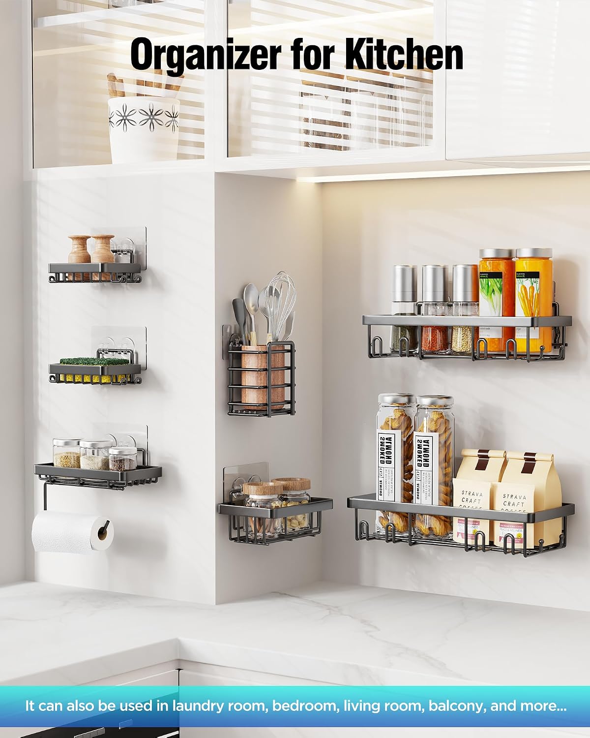 Shower Caddy 7 Pack, Adhesive Bathroom Shower Organizer for Bathroom Storage, No Drilling Large Capacity Rustproof Stainless Steel Shower Shelves Rack for Bath, Black