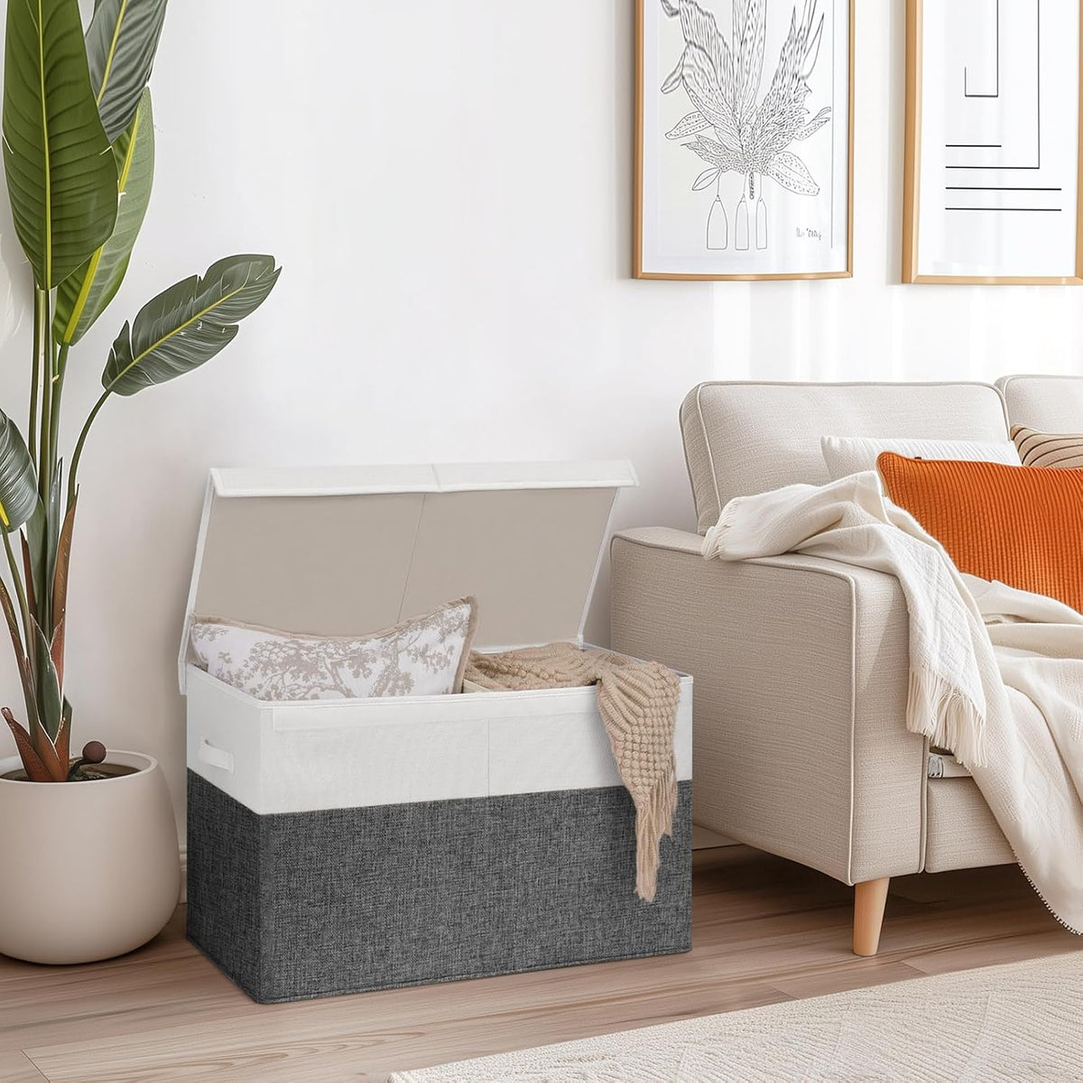 INDRESSME 85L Large Toy Storage Box with Lid & Dividers, Grey & White