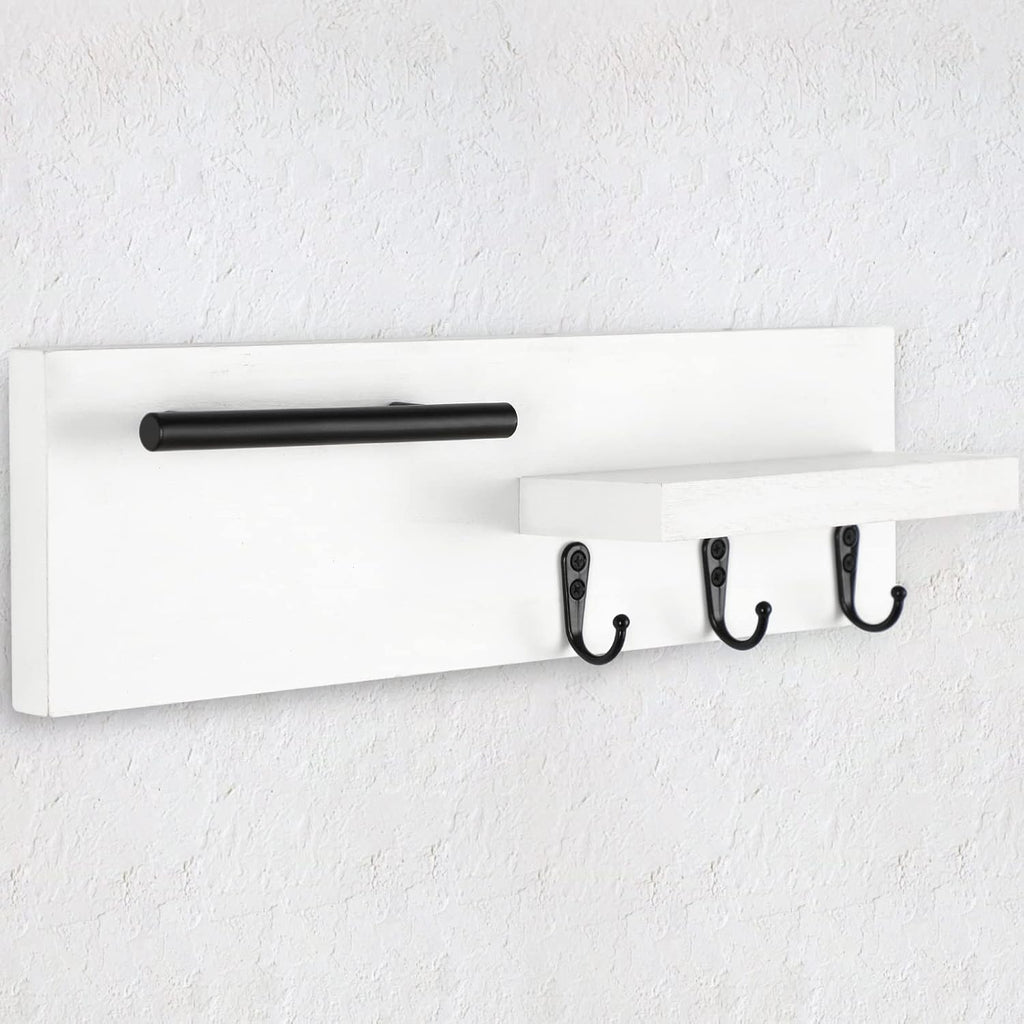 Key Holder for Wall, Decorative Entryway Shelf with Hooks Holds Keys, Dog Leash, Sunglasses – Key Hanger with 3 Hooks Organizes, Enhances Home Decor (15” x 4.5” x 2.6”) (White)