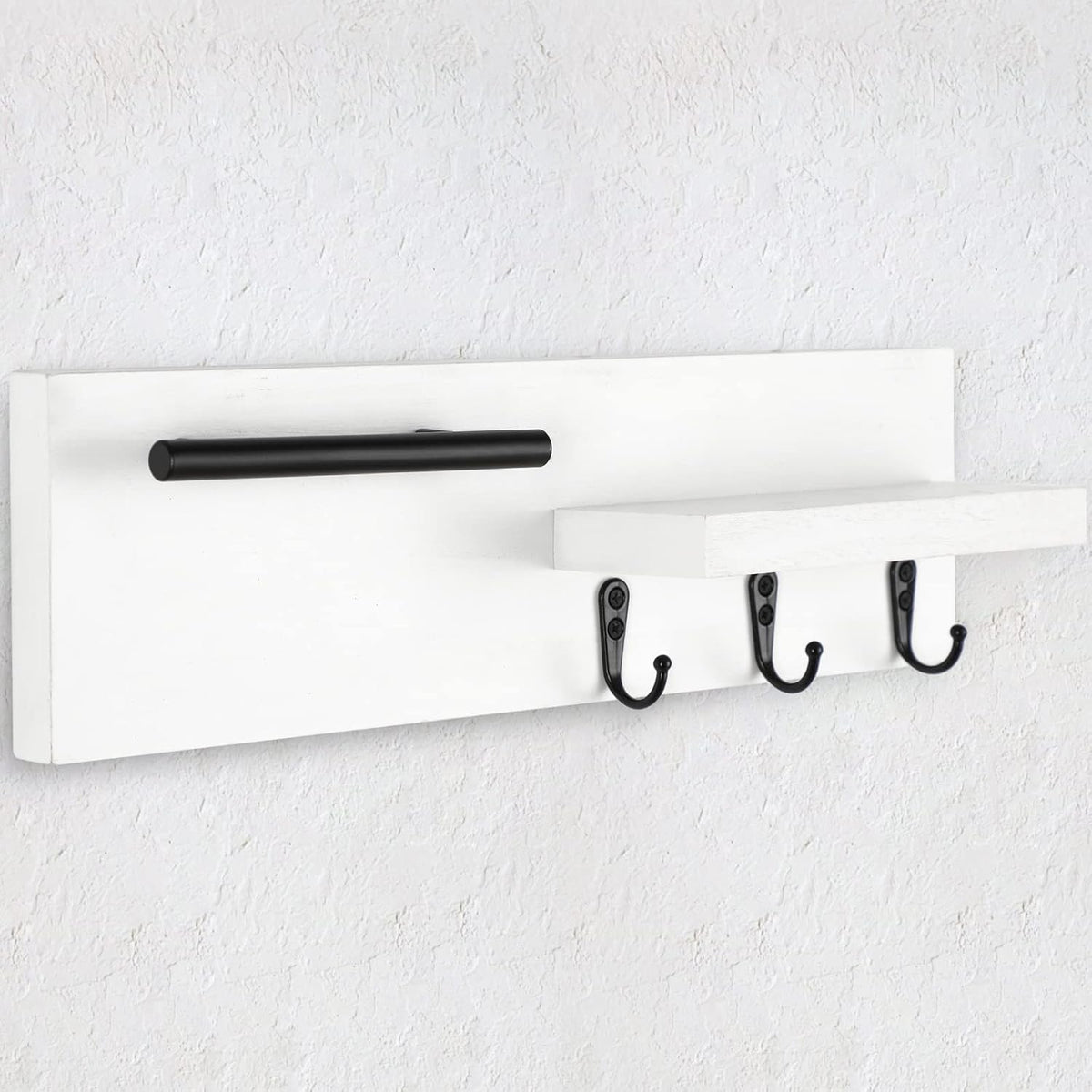 Key Holder for Wall, Decorative Entryway Shelf with Hooks Holds Keys, Dog Leash, Sunglasses – Key Hanger with 3 Hooks Organizes, Enhances Home Decor (15” x 4.5” x 2.6”) (White)