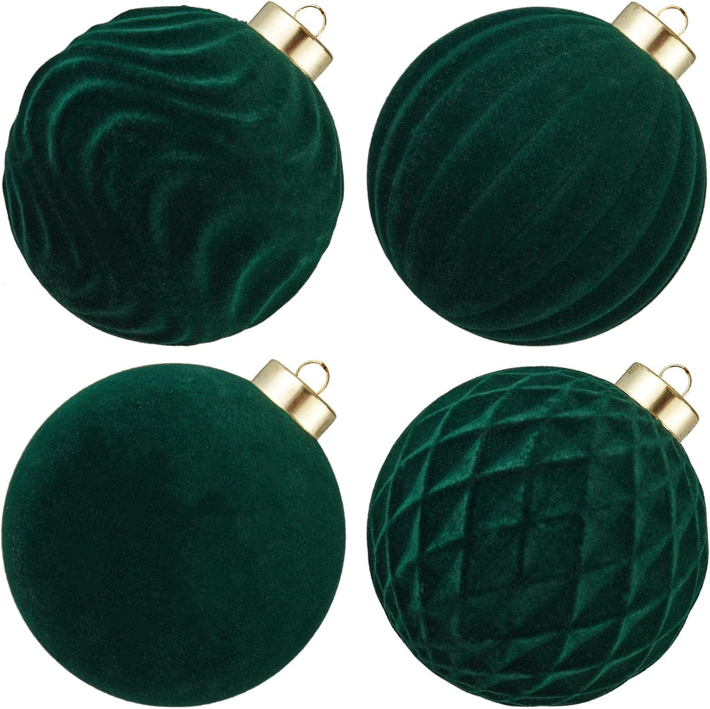 Large Velvet Christmas Ball Ornaments - 4 Inch Flocked Christmas Balls Shatterproof Decorative Hanging Ornaments Set for Xmas Tree Holiday Wedding Party Decor (Dark Green, 4pcs)