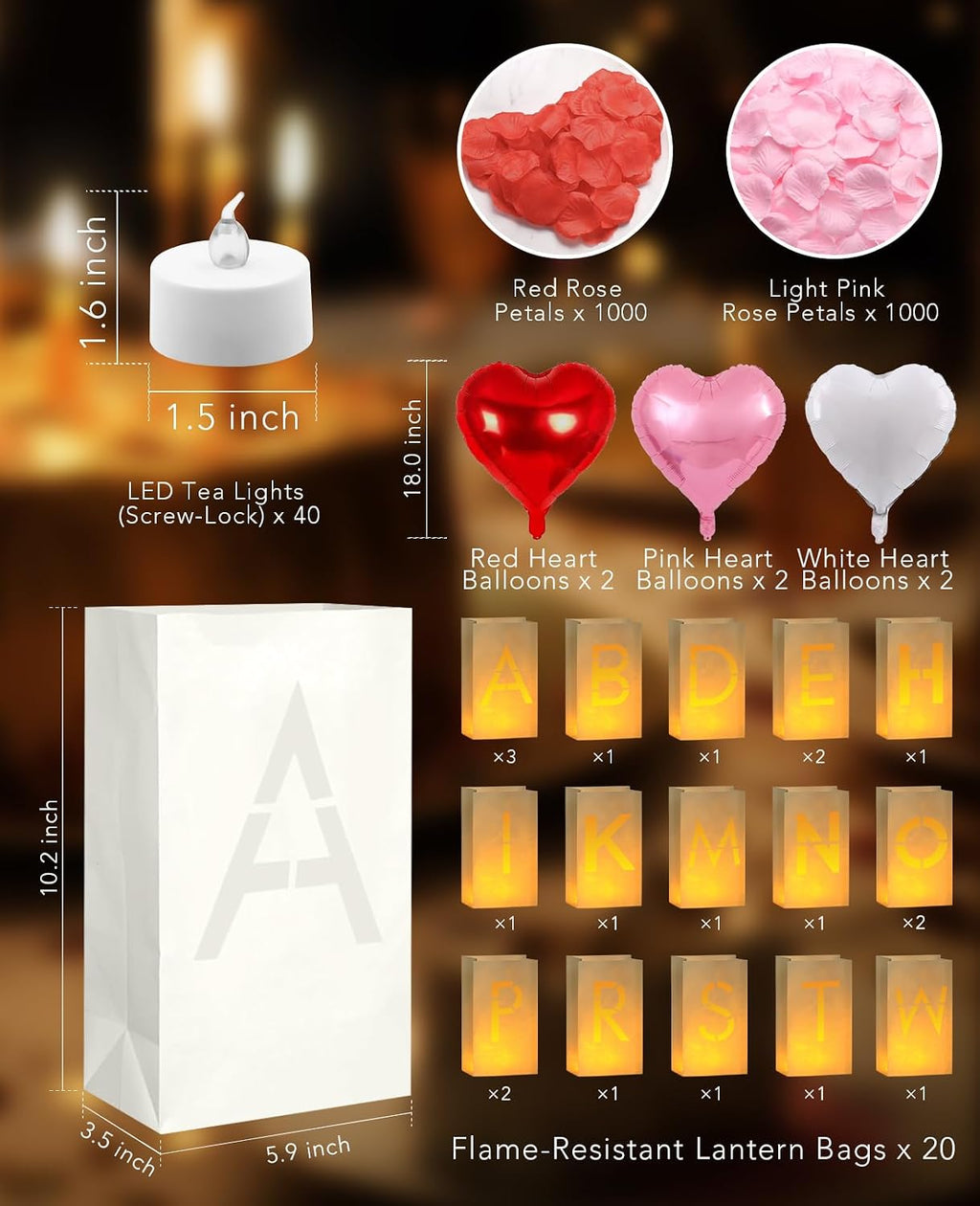 AceList Light Up Letters Luminary Bags Rose Petals and Candles Set Romantic Decorations Special Night for Anniversary, Proposal, Valentine’S Day Decorations