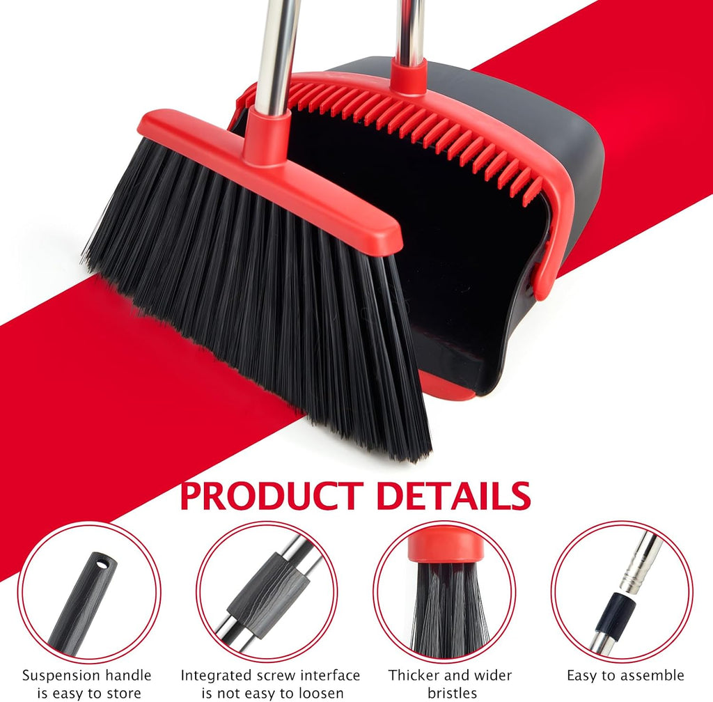 2-Pack Broom and Dustpan Combo Set,51" Long Handle,Black Red