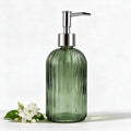 14 Oz Green Glass Soap Dispenser with Silver Plastic Pump, Striped Style