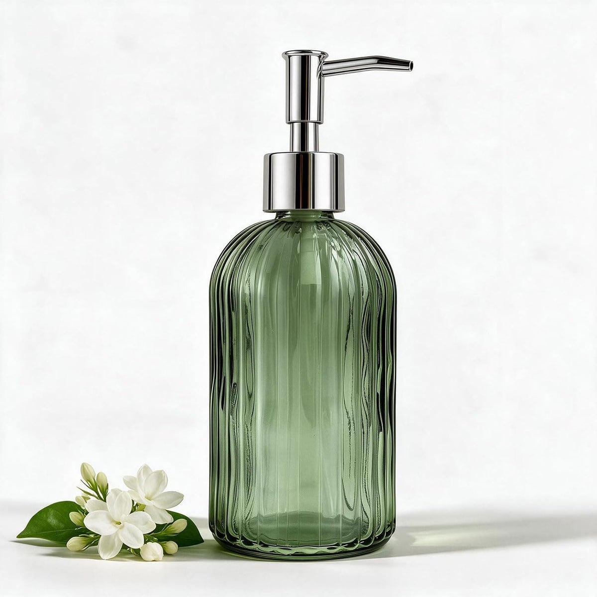 14 Oz Green Glass Soap Dispenser with Silver Plastic Pump, Striped Style
