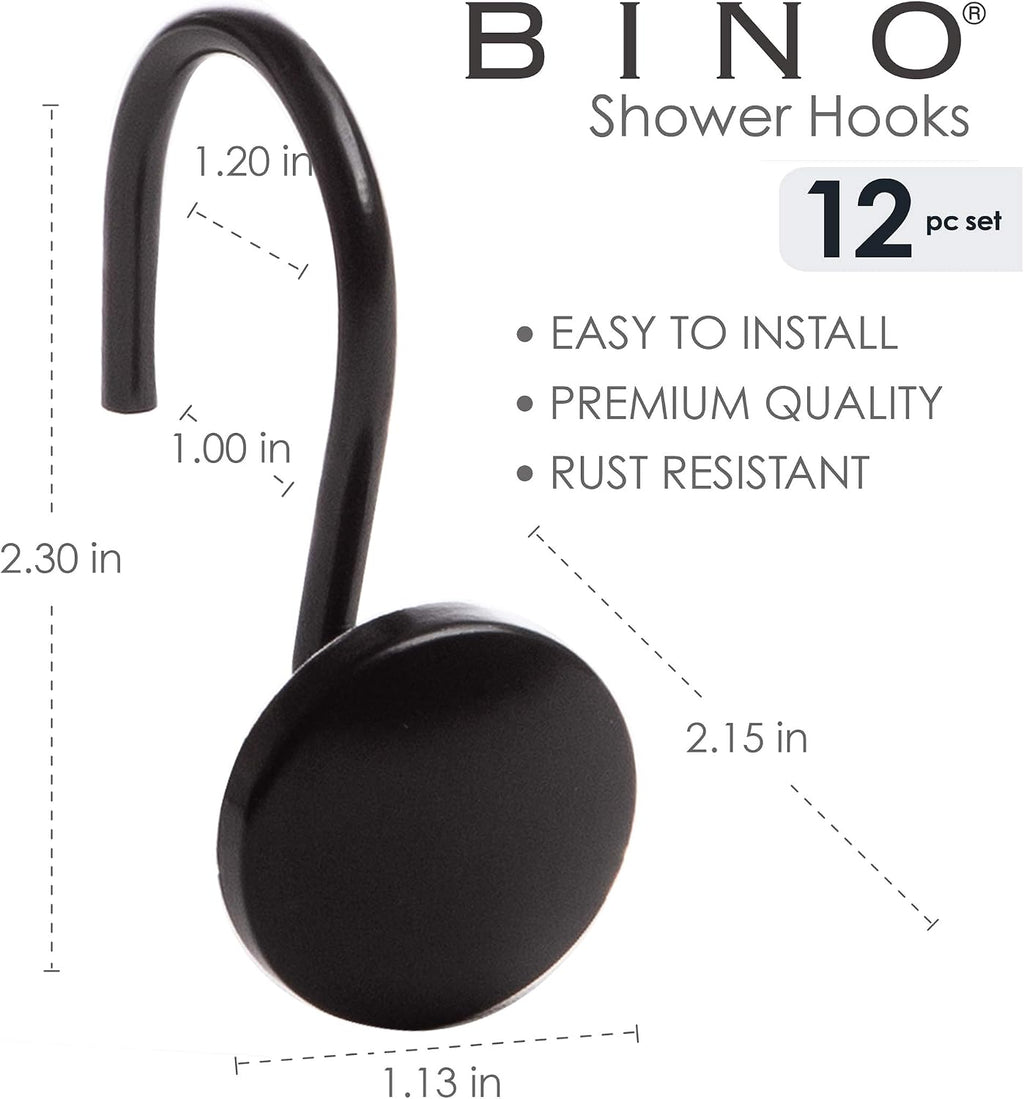 BINO | Shower Curtain Hooks - Matte Black- Set of 12 | Hooks Shower Curtain | Shower Curtain Rings Hooks | Rust Proof Shower Curtain Hooks | Bathroom Shower Hooks for Curtain | Bathroom Essentials