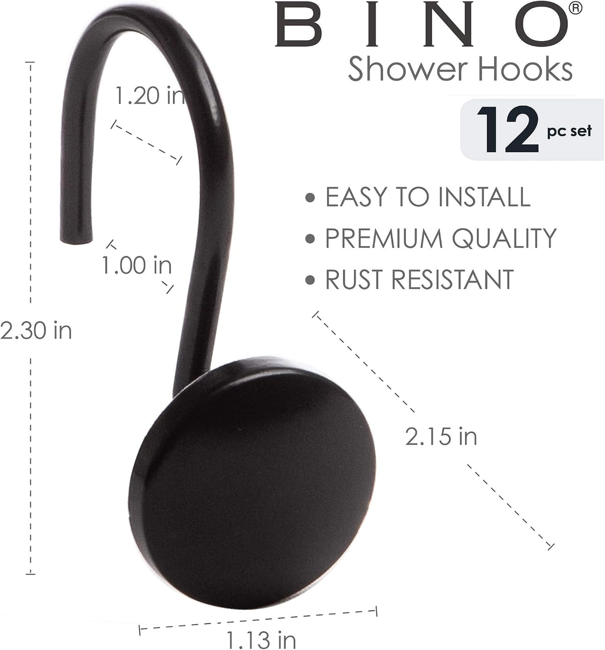 BINO | Shower Curtain Hooks - Matte Black- Set of 12 | Hooks Shower Curtain | Shower Curtain Rings Hooks | Rust Proof Shower Curtain Hooks | Bathroom Shower Hooks for Curtain | Bathroom Essentials