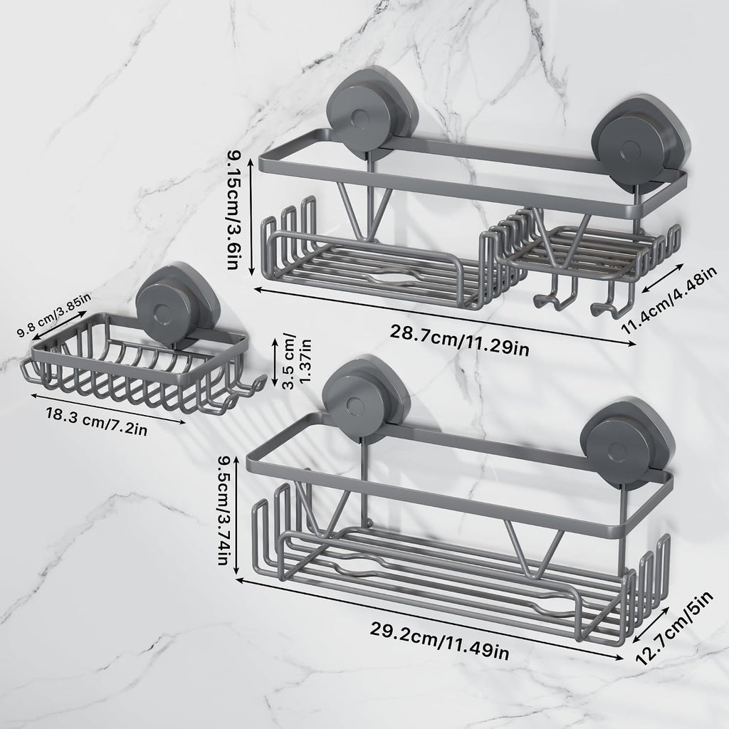 KEGII Suction Cup Shower Caddy 3 Pack, Bathroom Rack Organizer, Gray