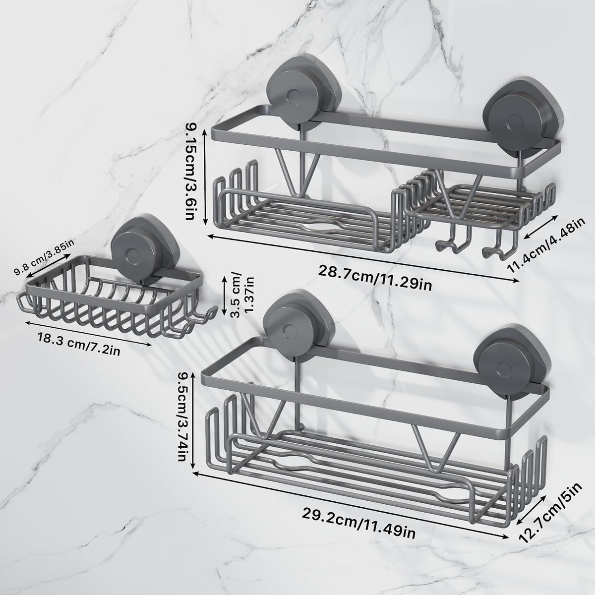 KEGII Suction Cup Shower Caddy 3 Pack, Bathroom Rack Organizer, Gray