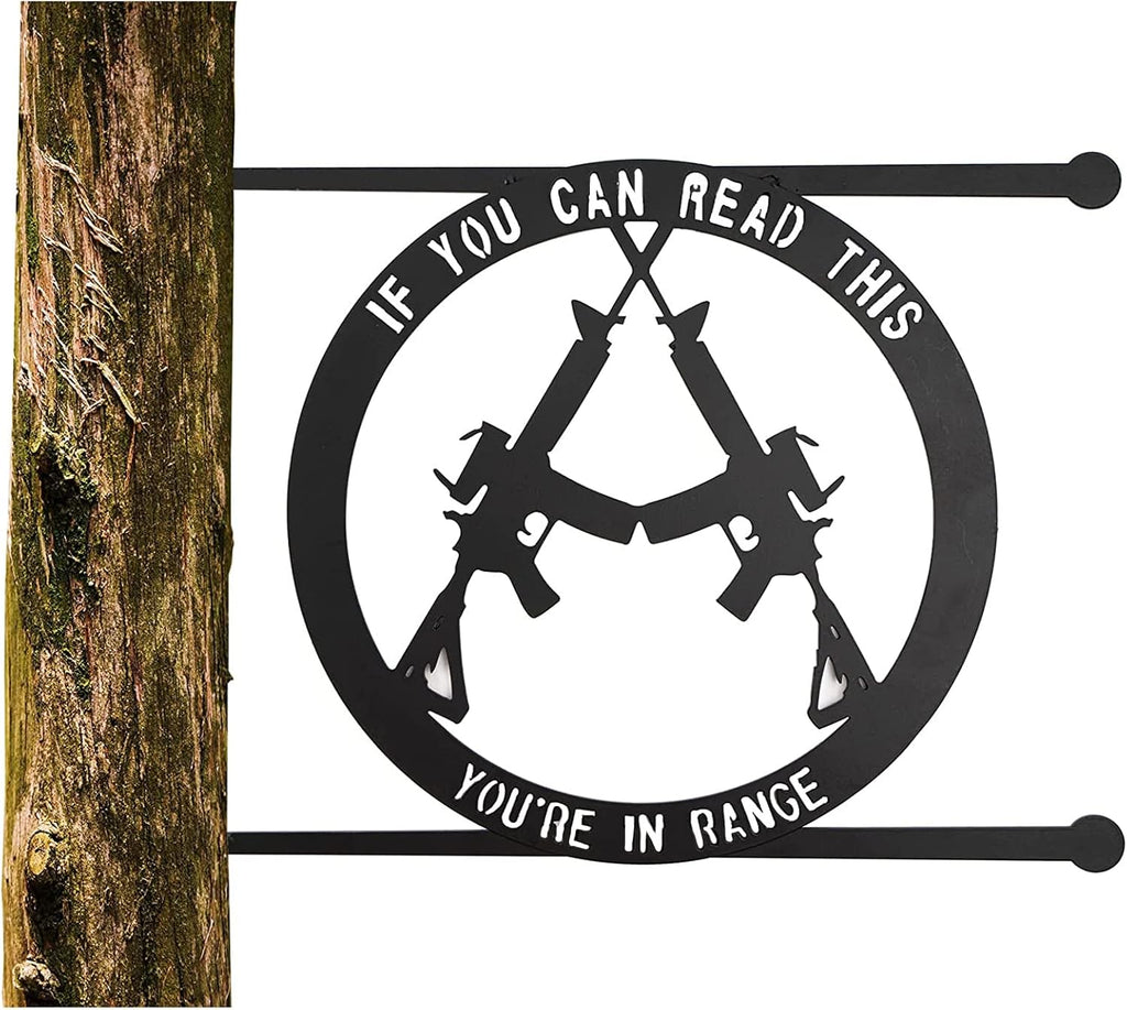 Metal No Trespassing Sign "You're In Range" Gun Metal Door, Wall or Tree Hanger Sign Decoration by GUTE - Wall Art - Outdoor/Indoor Monogram (12.5" Tall, 17.3" Wide, Black) - Hanger, Gun Owners (You're in Range)