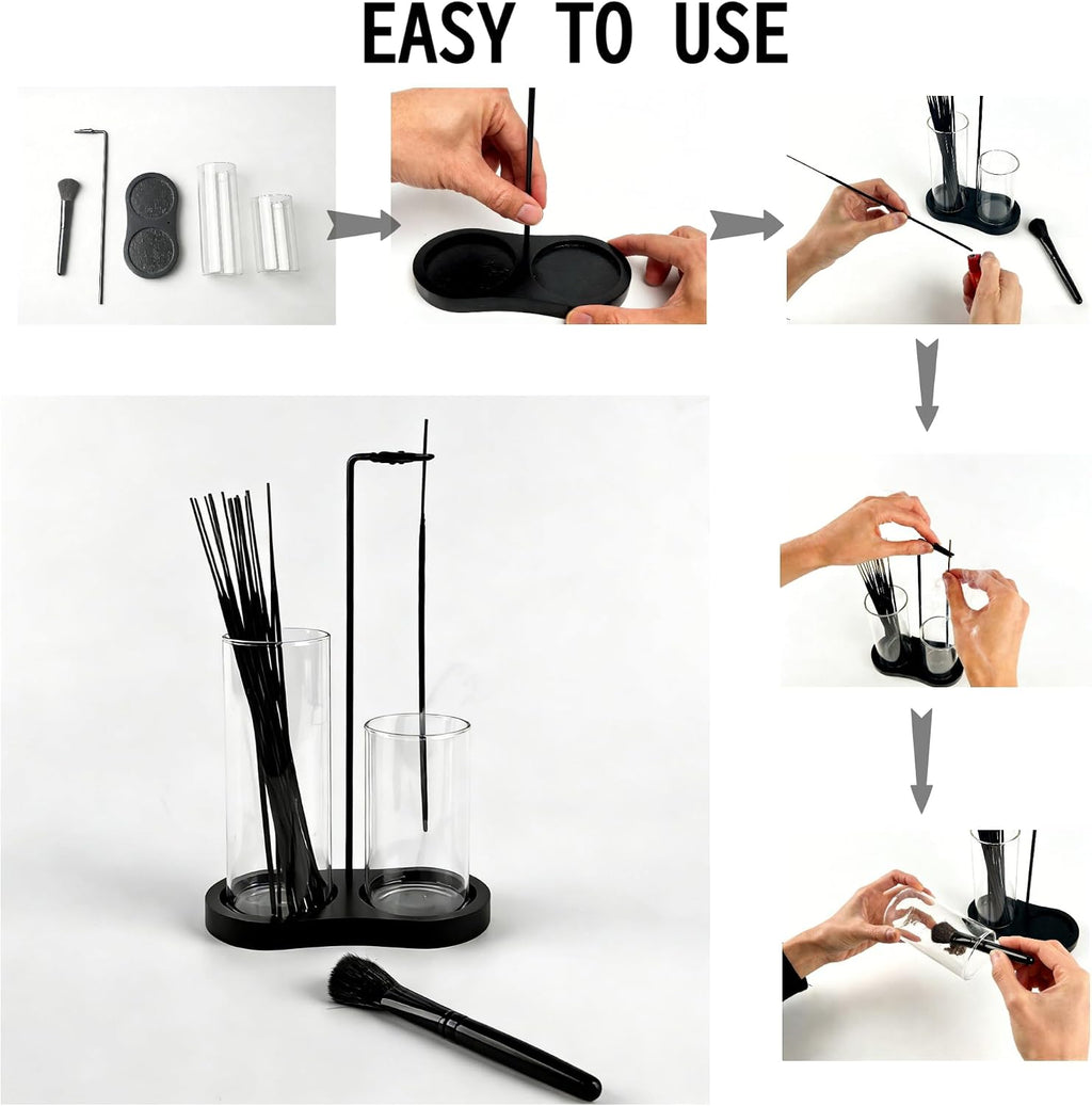 2 in 1 Black Incense Holder for Sticks with Glass Ash Catcher, Anti-Ash Incense Burner for Yoga Meditation Spa, Sleek Minimalist Decor & Incense Holder for Men, Includes Ash Brush