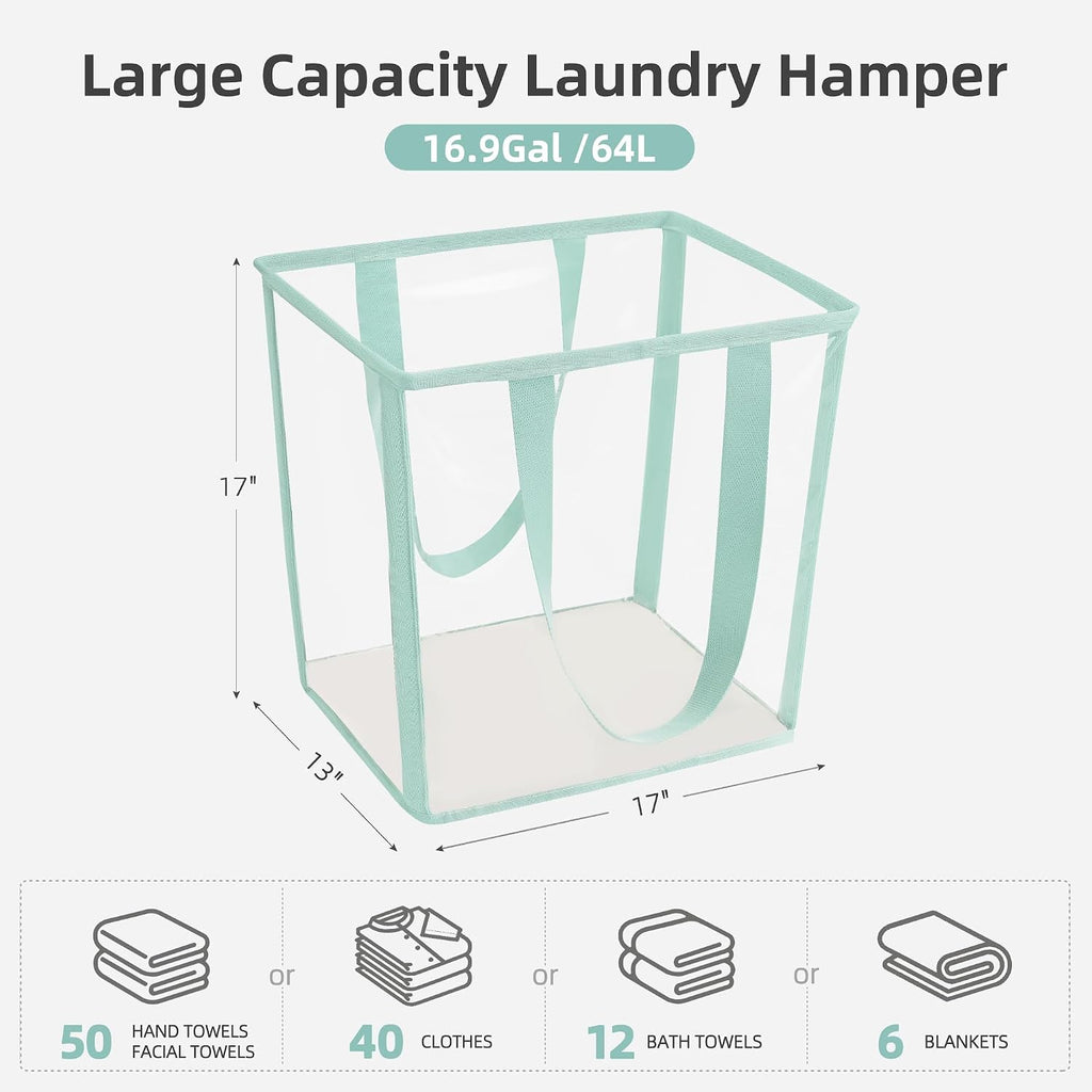 STORAGE MANIAC Collapsible Laundry Basket, 16.9 Gal. Large Pop-up Laundry Hamper with Long Carry Handles, Space-Saving Foldable Clothes Hamper with Bottom Elastic Band, Transparent-Blue
