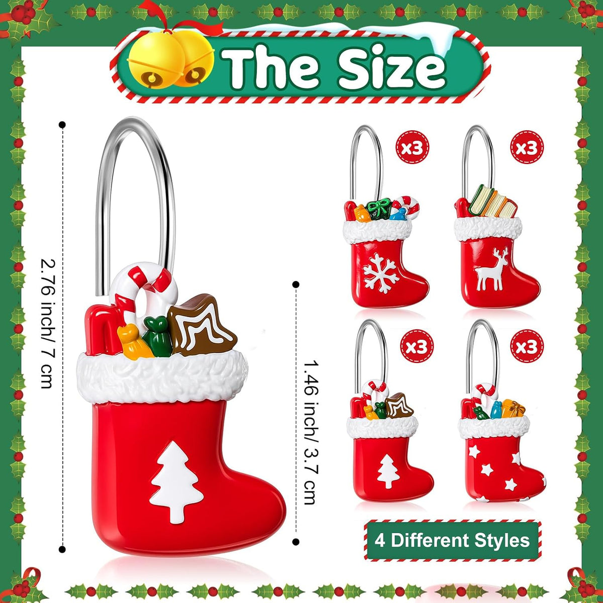 Yungyan 12 Pcs Christmas Shower Curtain Hooks Stocking Curtain Hangers