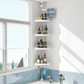 HAMITOR Corner Shower Caddy Tension Pole: Adjustable Stainless Steel Shower Organizer with 4 Tier Shelf for Bathroom Bathtub Tub Shampoo - Floor Standing Rack Bath Storage Holder with Rust Proof Rods