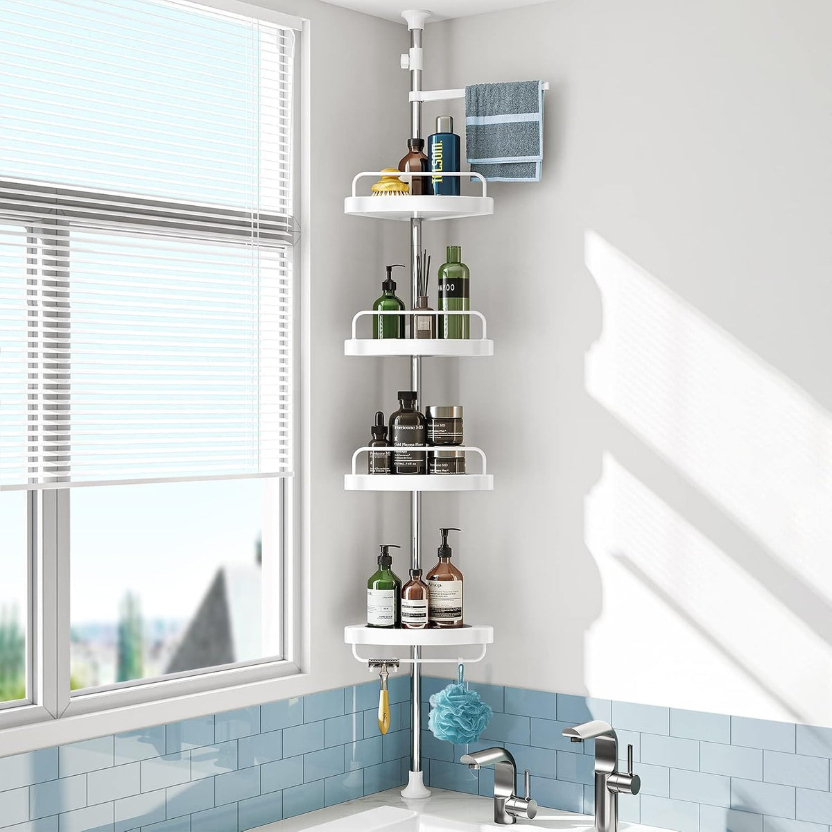 HAMITOR Corner Shower Caddy Tension Pole: Adjustable Stainless Steel Shower Organizer with 4 Tier Shelf for Bathroom Bathtub Tub Shampoo - Floor Standing Rack Bath Storage Holder with Rust Proof Rods