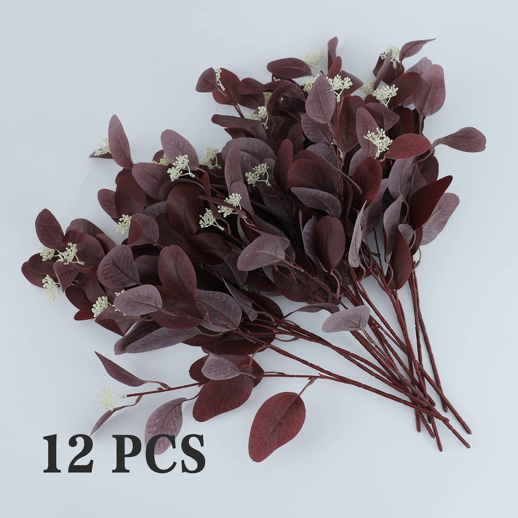 dallisten 20" Silk Artificial Eucalyptus Stems, 12Pcs Fake Eucalyptus Stem with Leaves Berries, Greenery Plants Floral Decorations for Wedding Party Flowers Arrangement Home Decor (Burgundy)