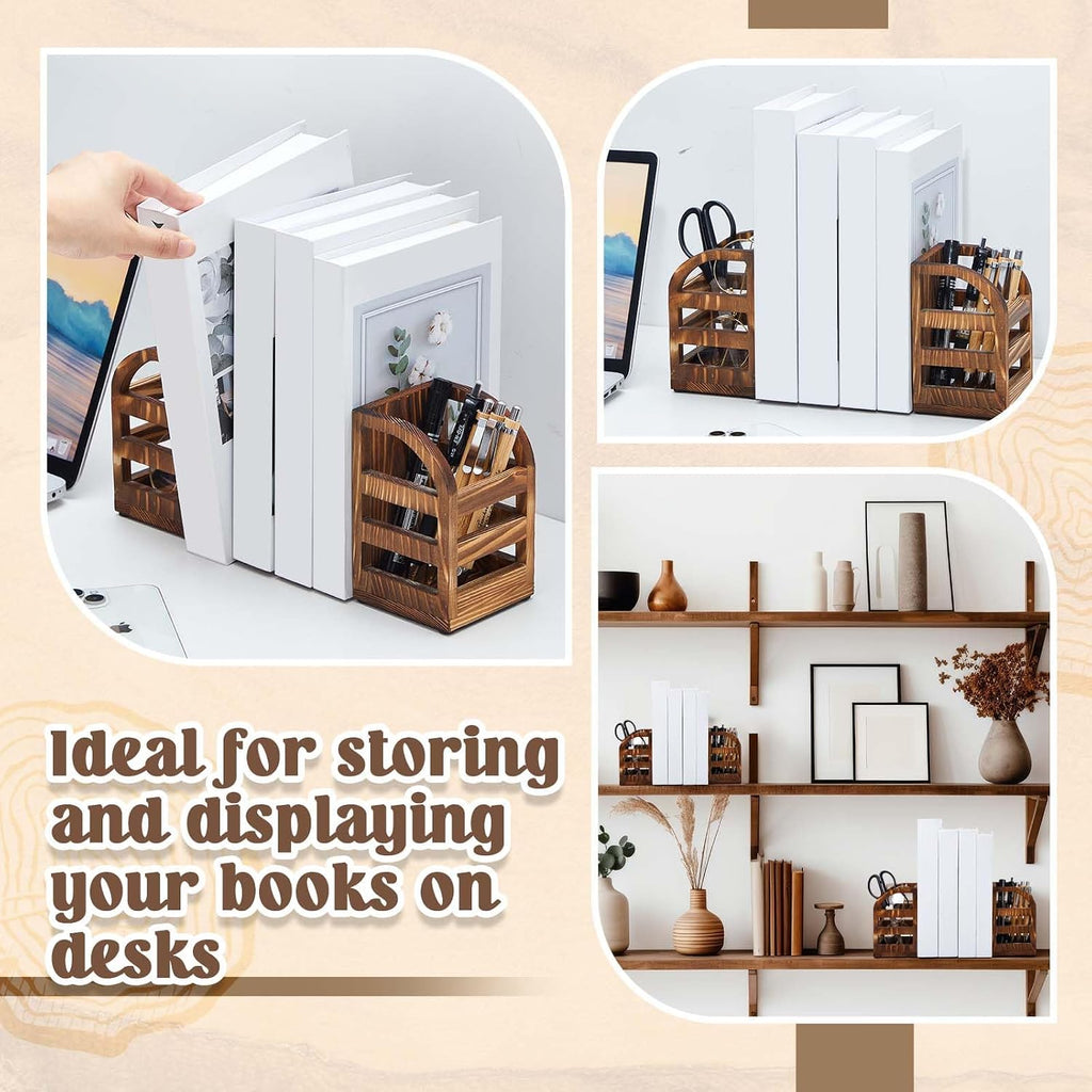 1 Pair 2 in 1 Rustic Burnt Wooden Bookend with Coated Metal Desk Supply Holds Non Skid Desktop Book Ends Pen Holder Pencil Cup Stationery Storage Bins Book Stopper for Home Office Dorm Room