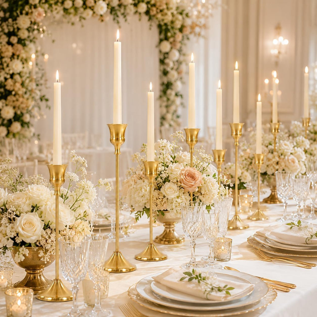 12Pcs Brass Gold Metal Taper Candle Holders, Candlestick Holders, Vintage Modern Decorative Centerpiece Candlestick Holders for Table Mantel Wedding Housewarming Gift