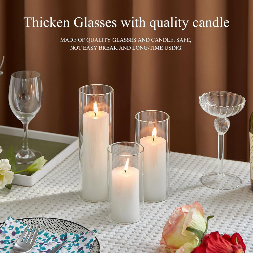 Set of 12 White Pillar Candles with Clear Glass Hurricane Holders- Elegant Cylinder Candle Vases for Weddings, Parties, Centerpieces, Home & Office Decor (White, 12 Set)