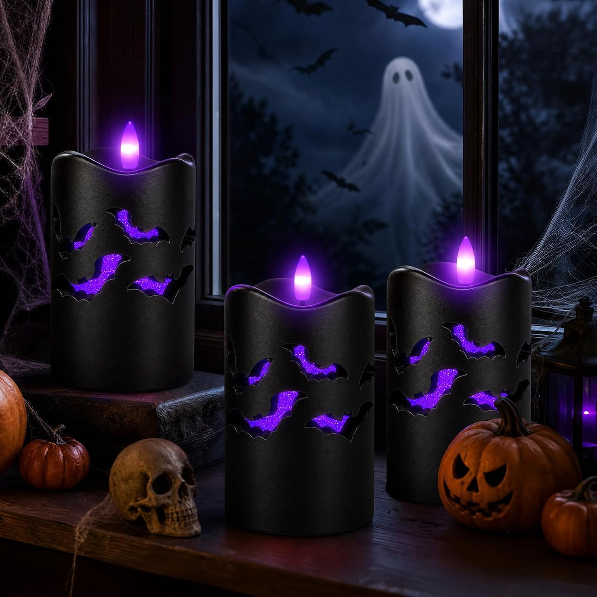 Halloween Flameless Pillar Candles with Bat Cutouts, Remote Control, 3 Pack