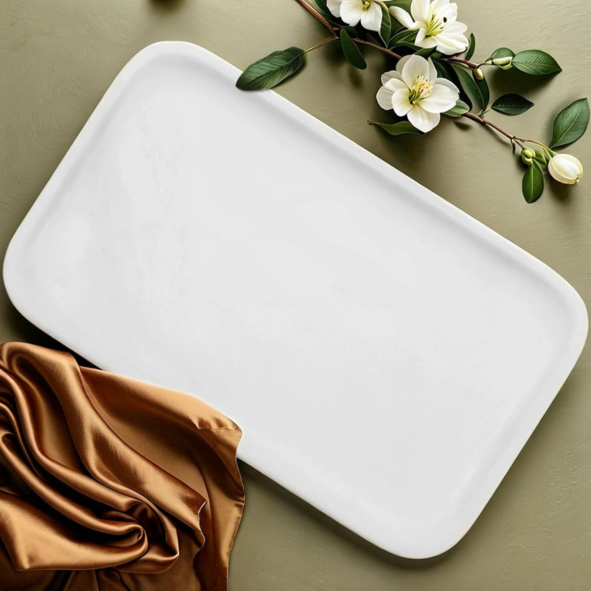 Yew & Tulip 14" x 8.5" Natural Marble Tray for Kitchen, Bathroom, Living Room – Serving/Decorative Vanity Tray for Jewelry, Candles, Decor (Matte White)