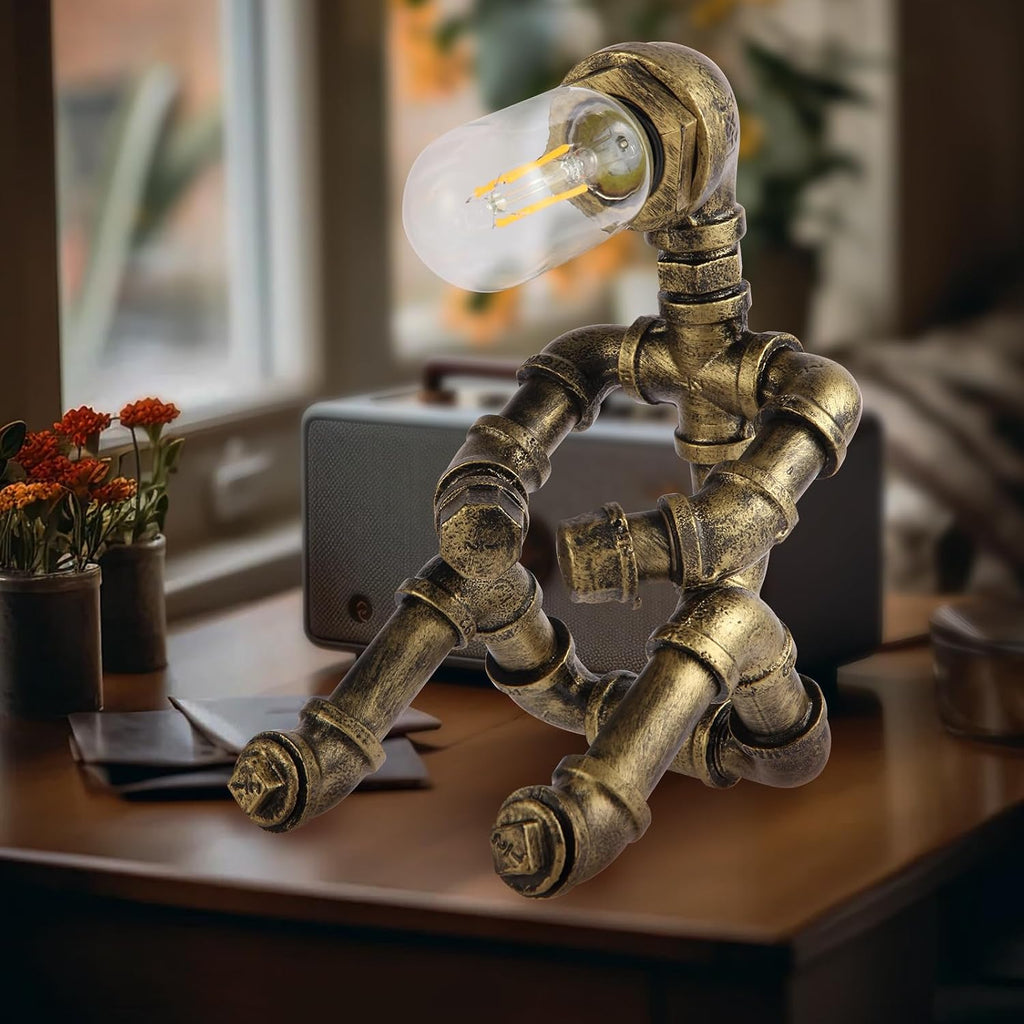 Steampunk Decor Table Lamp for Men Unique Creative Robot Style Desk Lamp,Vintage Industrial Metal Pipe Water Pipe Light, Home Decor Ideal for Bedrooms,Study. (Bronze C)
