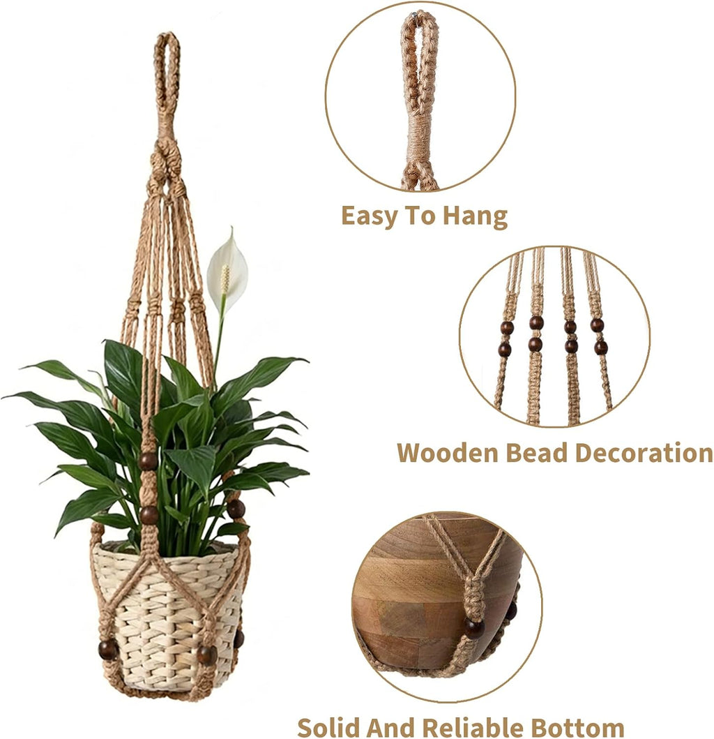 Macrame Plant Hanger 3 Pack, Jute Hanging Planter Holder Set, Brown, 35/29/23 in,with 3 Ceiling Hooks and 3 S Hooks,Suitable for Indoor and Outdoor Home Decor (Pots and Plant Not Included)