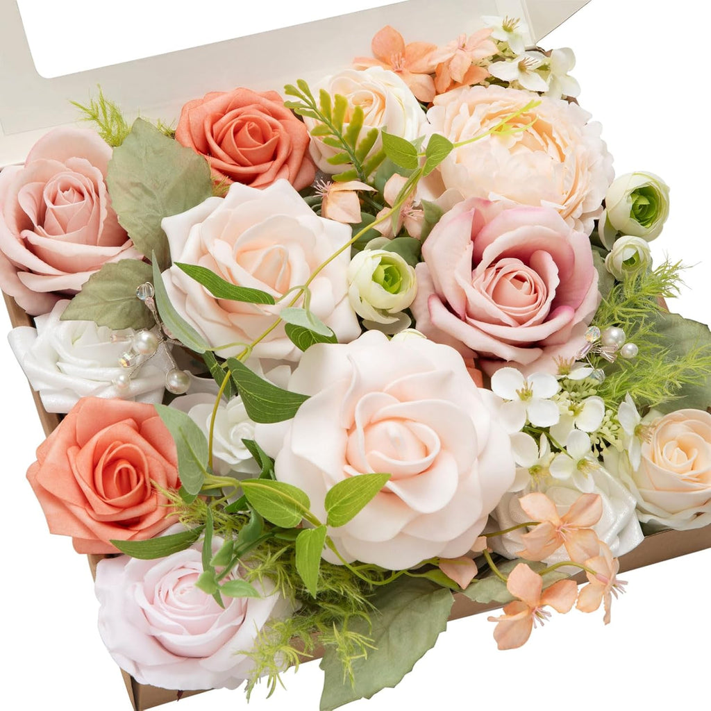 Ling's moment Fake Flowers Box, Faux Artificial Greenery Stems Foam Roses Gardenia Silk Peony Ranunculus Fabic Flower for Centerpieces Bouquet Wedding Vase Decorations, Garden Blush, Grand Combo