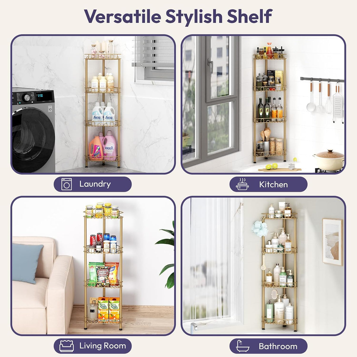SWTYMIKI Standing Shower Caddy Corner - 4‑Tier Stainless Steel Shower Organizer Shelf with 12 Hooks and Adhesive Pads, Rustproof Corner Shelves Stand Rack for Bathroom Shower Room, Gold