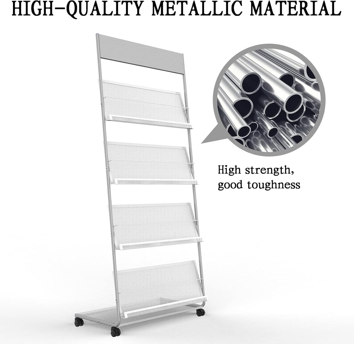 TONGMO Floor-Standing Magazine Rack 4-Layer with Wheels, Brochure Display Stand, High-hardness metal for Exhibitions, Office, and Any Organization Requiring Information Display (Silver)