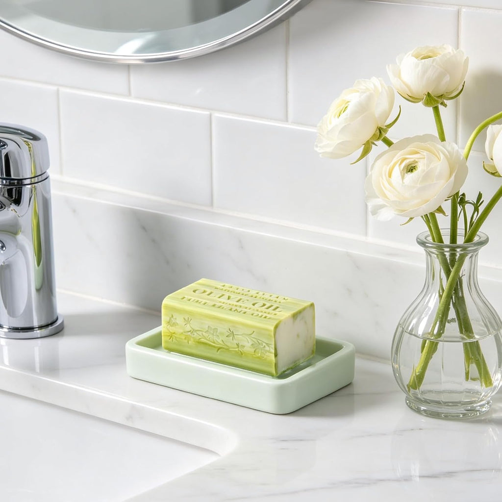 Matte Ceramic Soap Dish with Raised Ridges, Rectangle Bar Soap Holder for Bathroom Counter, Shower and Kitchen Sink, Mint