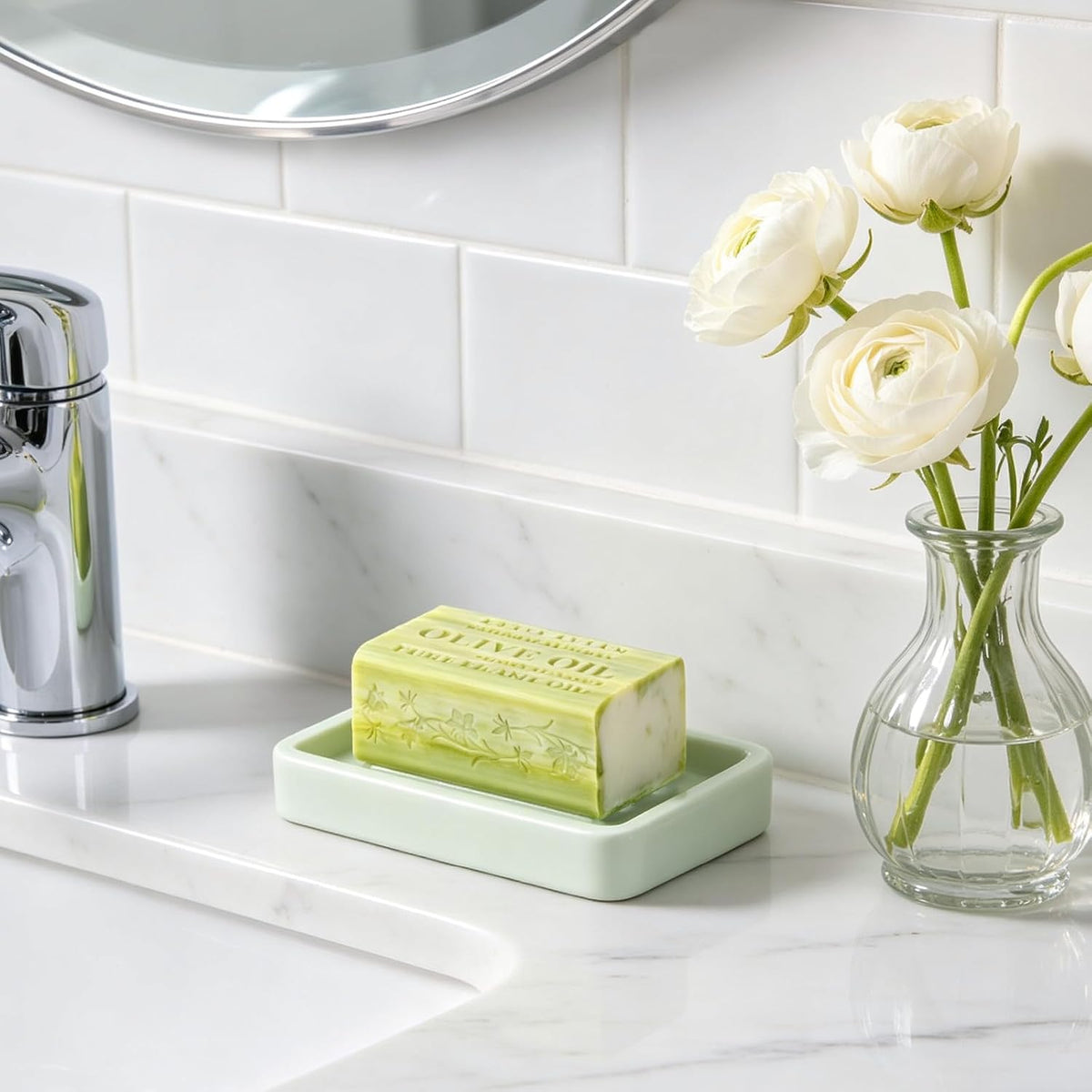 Matte Ceramic Soap Dish with Raised Ridges, Rectangle Bar Soap Holder for Bathroom Counter, Shower and Kitchen Sink, Mint