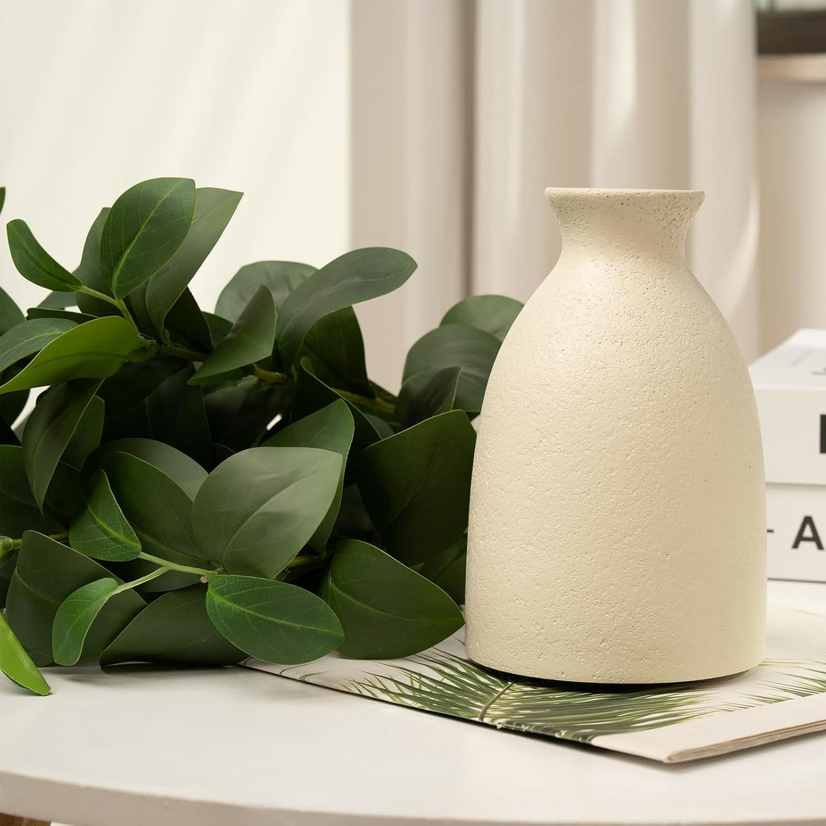 Artificial Eucalyptus Stems in White Matte Resin Vase,Realistic Greenery 16" Faux Plant Arrangements Home Decor Weddings Centerpieces