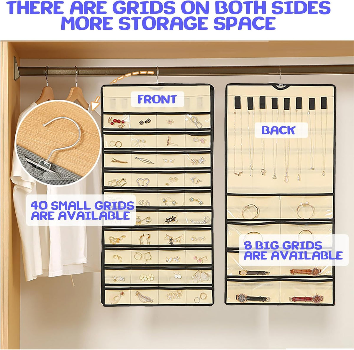 ONEPEACE Hanging Jewelry Organizer: Necklace & Earring Holder with Pockets for Closet, Wall or Door (Black)