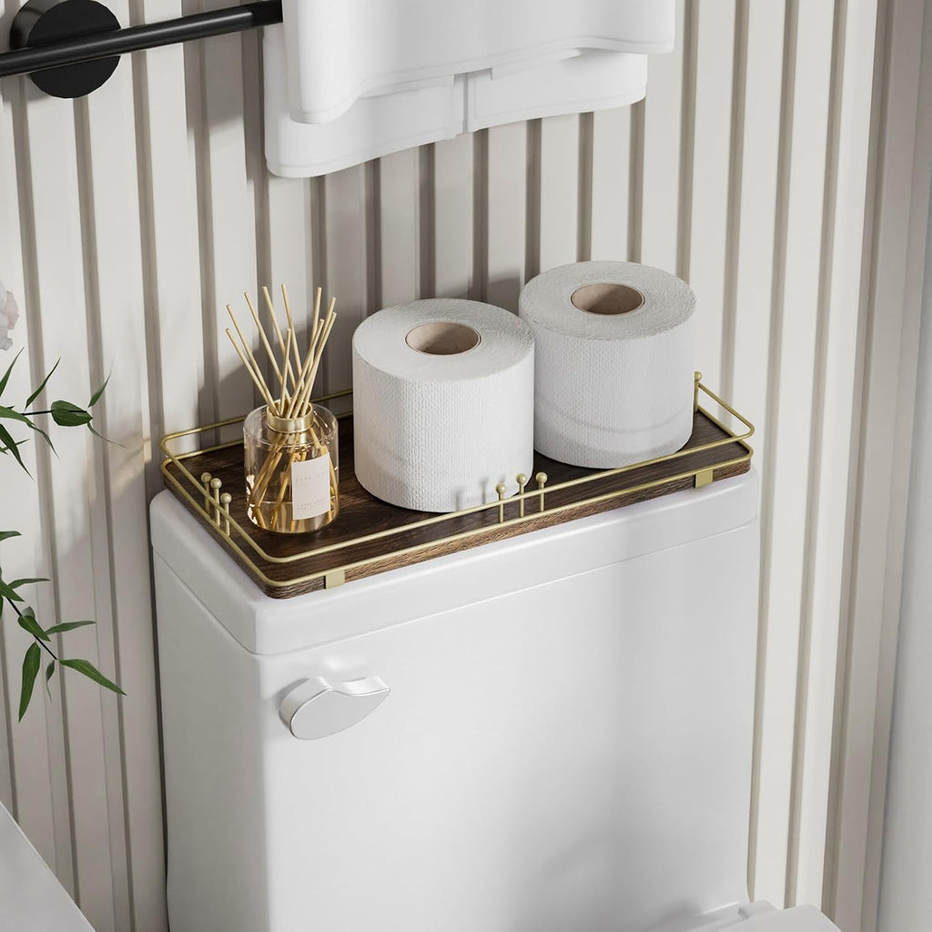 Toilet Paper Basket, Toilet Tank Tray, 13"x 6.5", Brown-Gold