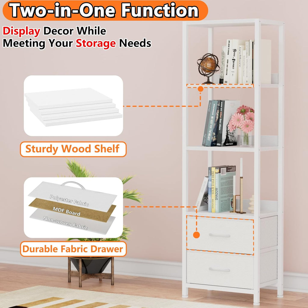 Furnulem 4-Tier Corner Shelf,White Narrow Bookshelf with 2 Storage Drawers