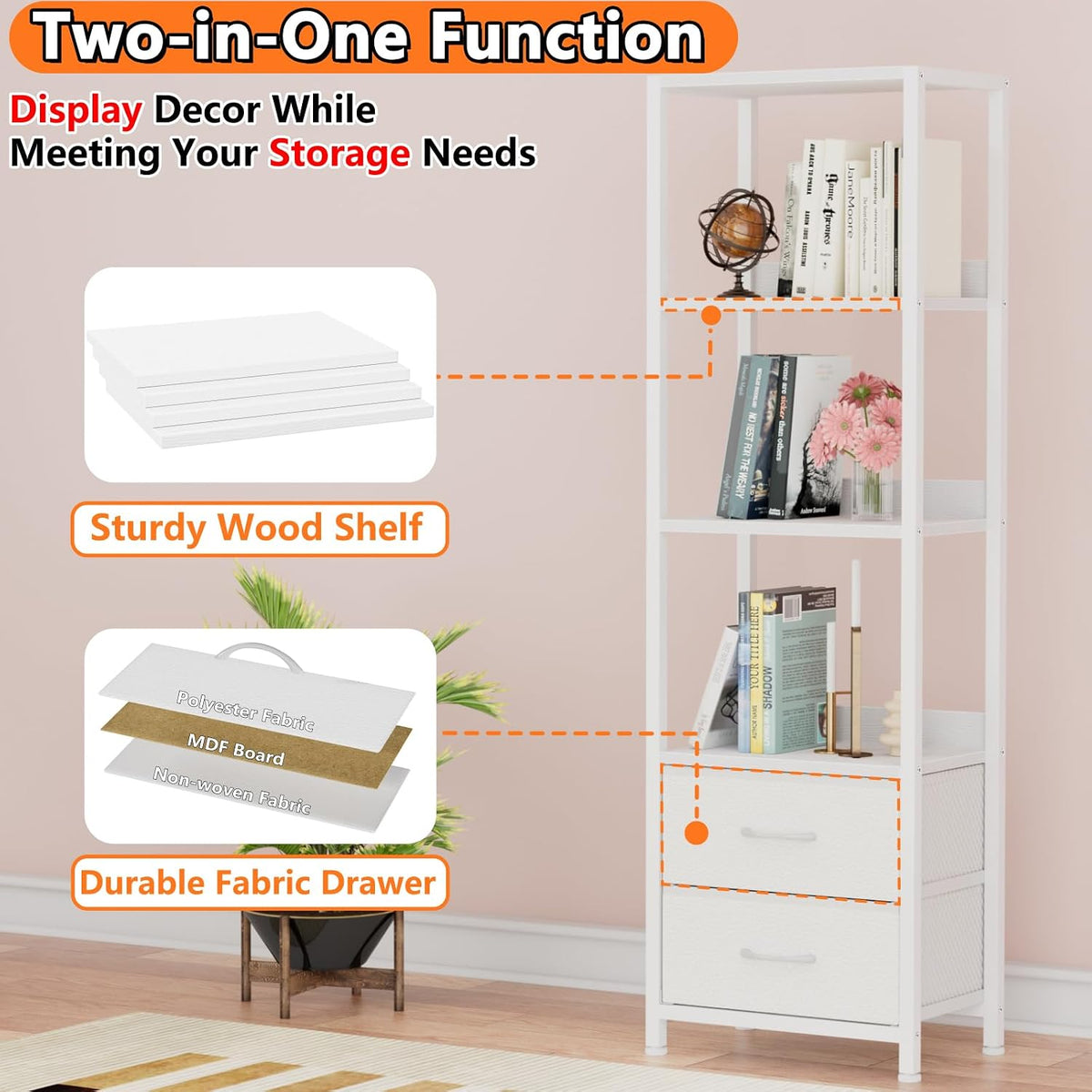 Furnulem 4-Tier Corner Shelf,White Narrow Bookshelf with 2 Storage Drawers