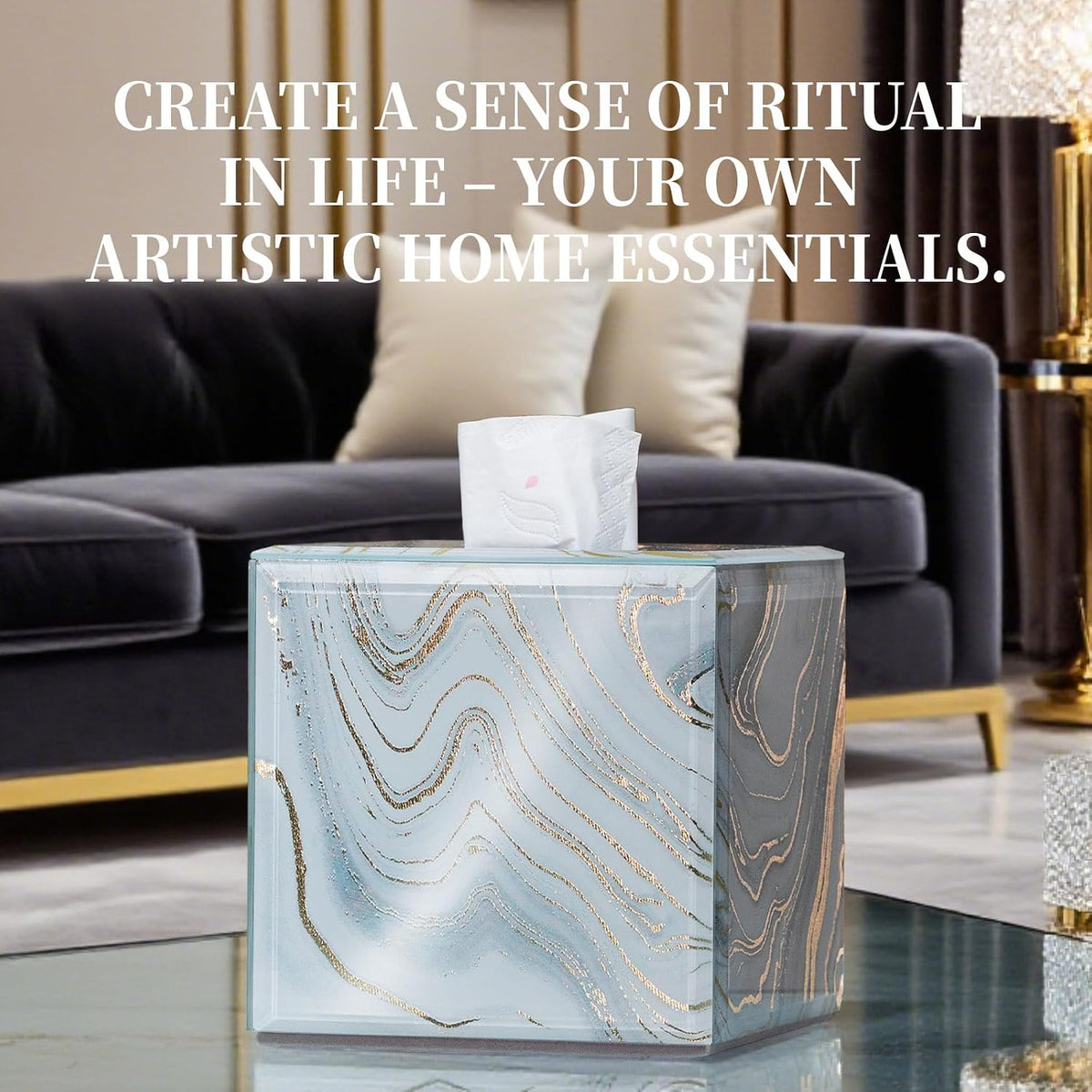 Square Marble Pattern Glass Tissue Box Cover for Table Display