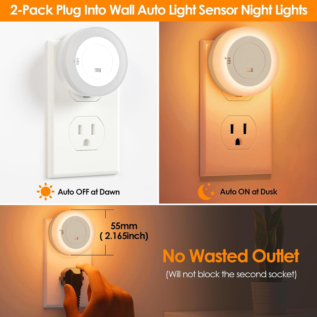 2-Pack LED Night Lights Plug in Dimmable with Sensor 2200K Amber White