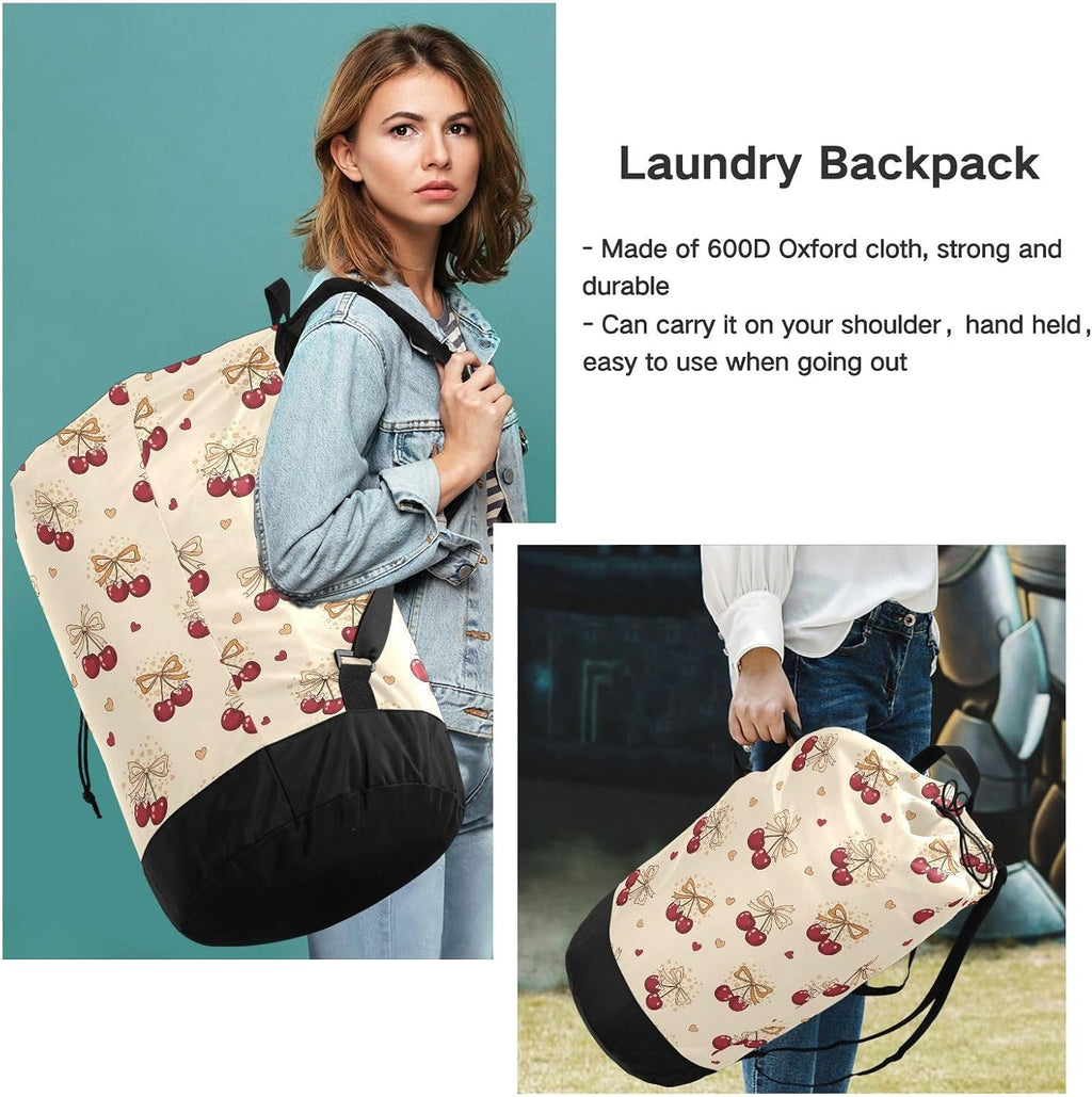 Bow Cherry Beige Laundry Bag Backpack Dirty Clothes Bags Organizer With Extra Large Heavy Duty for Vacation Road Trip Essentials Dorm