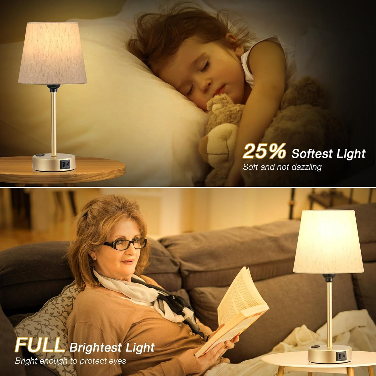 Gold Bedside Lamps Set 2 for Bedroom - Dimmable Touch, USB C+A, AC Outlet
