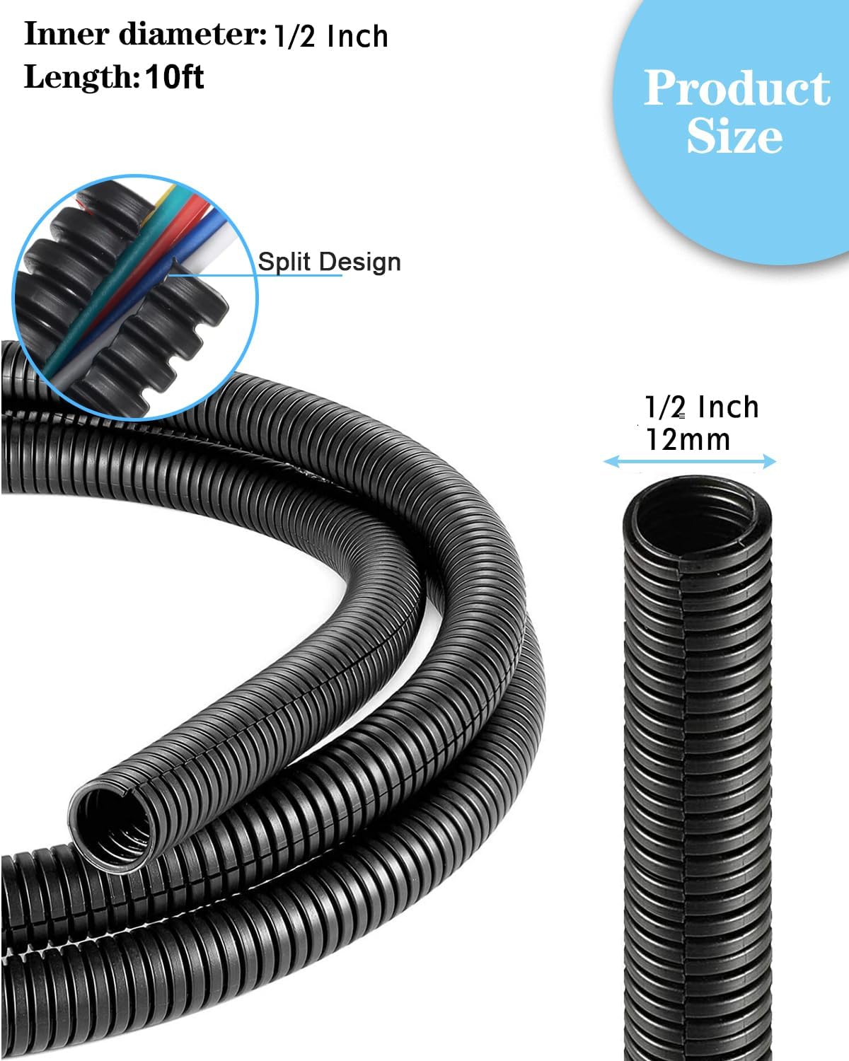 1/2 Inch Wire Loom Split Tubing - 10 ft Cord Protector Electric Wires Covers, Automotive Wire Flexible Conduit, Plastic Wire Cover