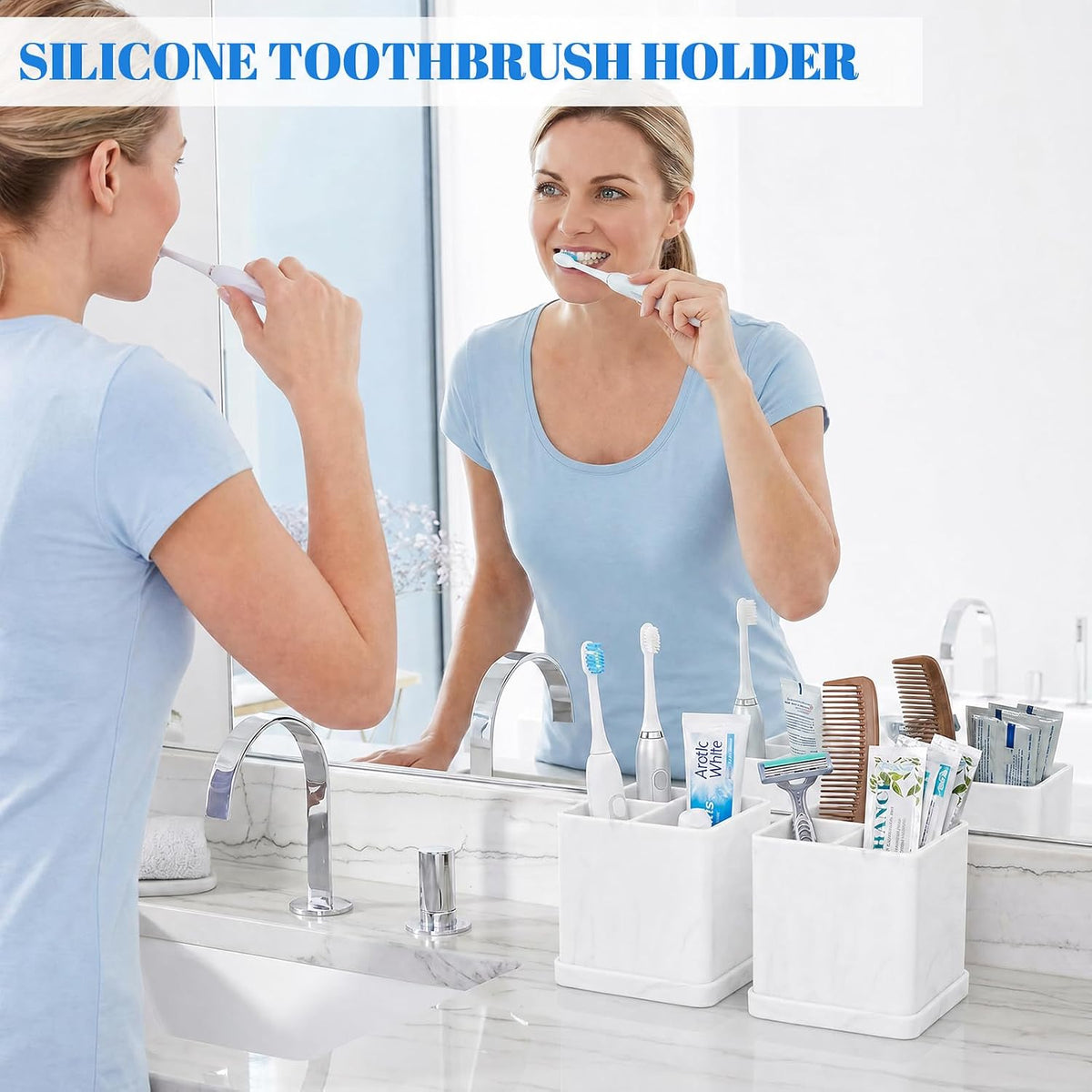 Silicone Toothbrush Holders for Bathrooms Marble White, 3-Slot Electric Toothbrush Holder and Organizer, Bathroom Toothbrush Holder Set, Soft Countertop Tooth Brush Holder, Portable and Easy to Clean