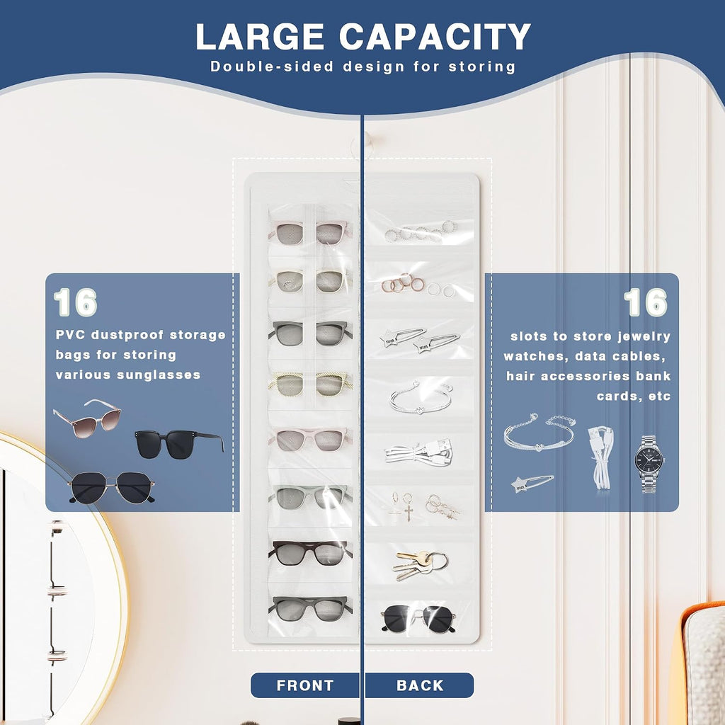 Hanging Sunglasses Organizer and Storage, 32 Slots Jewelry Holder, White