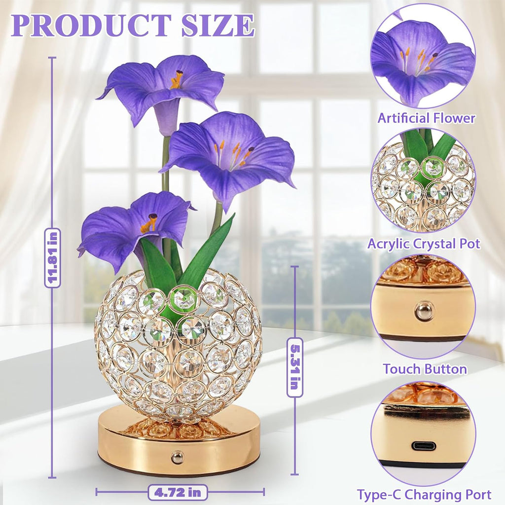 Flower Table Lamp, 3 Colors Touch Stepless Dimming Crystal Night Light, Rechargeable Artificial Morning Glory Light, LED Flower with Vase Lamp Romantic Decor for Date Party Home (Morning Glory-Purple)