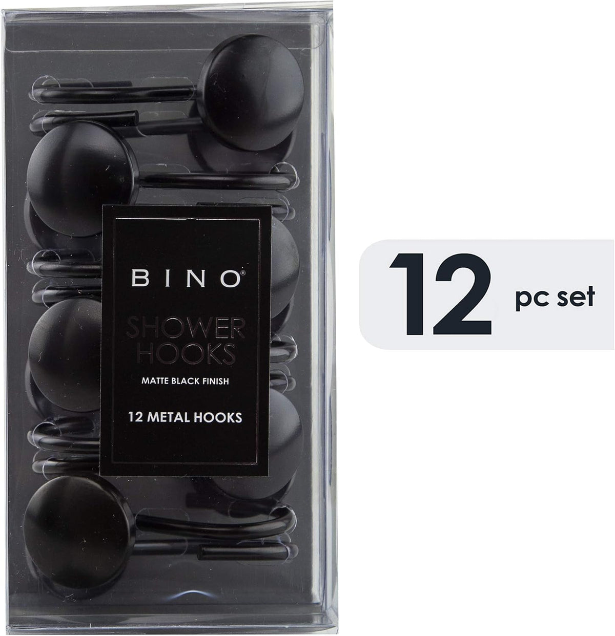 BINO | Shower Curtain Hooks - Matte Black- Set of 12 | Hooks Shower Curtain | Shower Curtain Rings Hooks | Rust Proof Shower Curtain Hooks | Bathroom Shower Hooks for Curtain | Bathroom Essentials