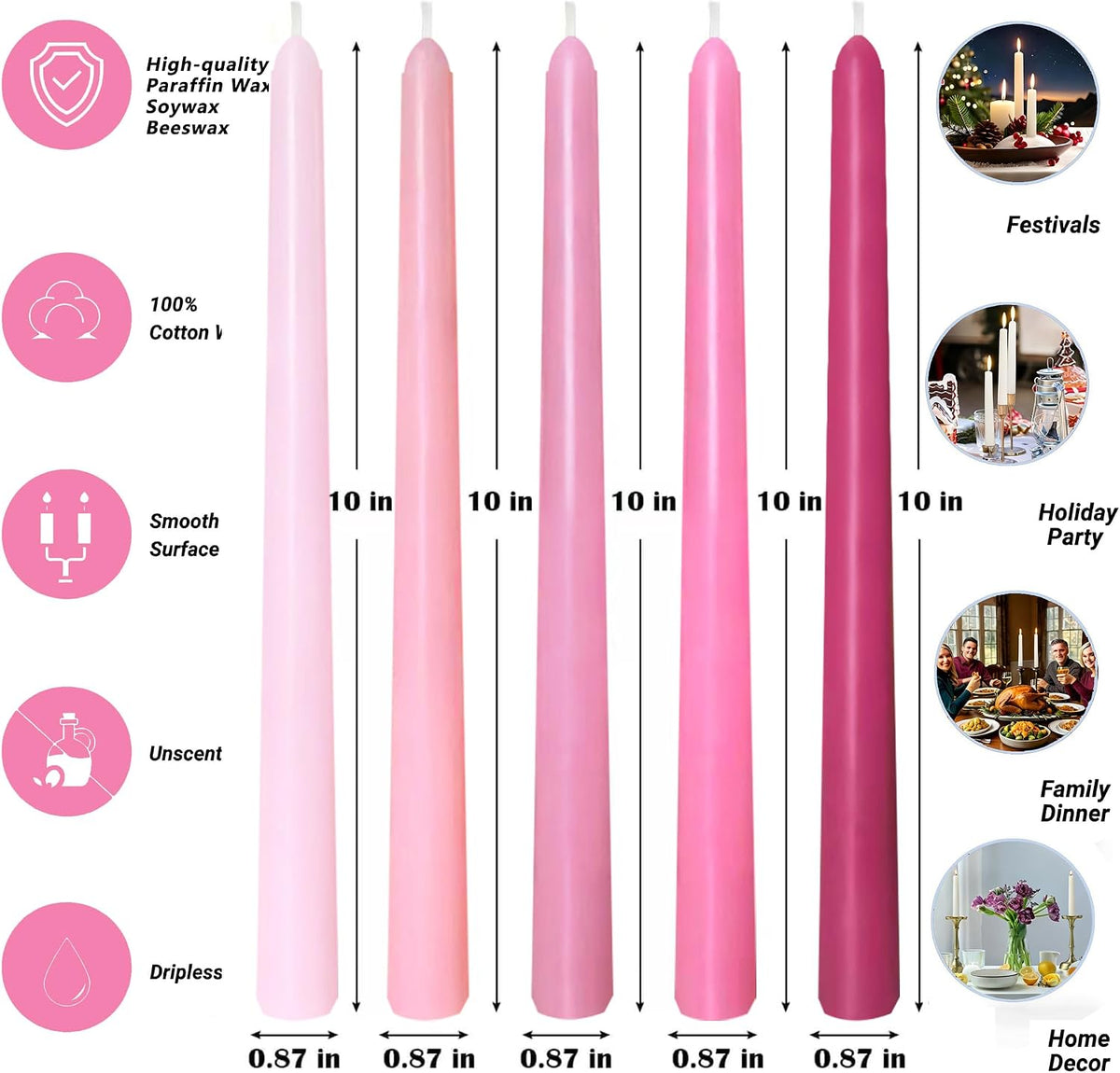 10 Inch Gradient Pink Smooth Taper Candles for Home Decor