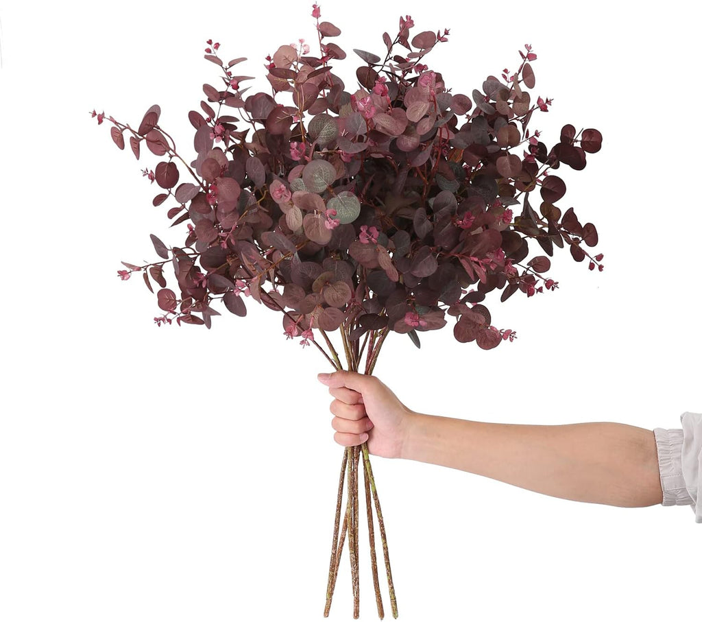 3Pcs Artificial Plants Silk Eucalyptus Leaves Tall 29" Eucalyptus Stems Branches Floral Arrangement Decoration, Artificial Plant Farmhouse Indoor Home Wedding Decor Wine Red